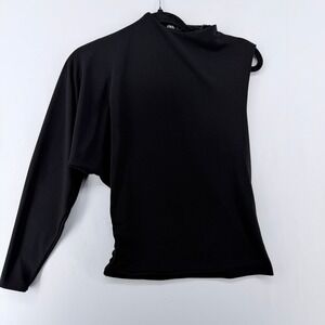 Zara Womens Black One Shoulder Asymmetrical Long Sleeve Draped Top‎ Size XS